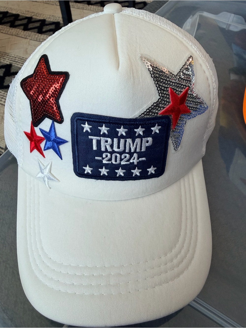 Trump 2024 White Baseball Cap with Red, Blue & Silver Stars